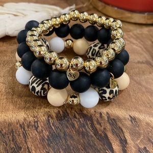 Beaded Animal Print Stack with Cream & White